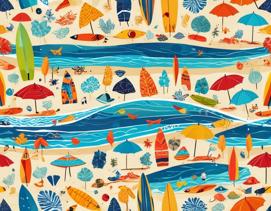 A vibrant beach scene filled with sunbathers wearing exaggerated and humorous swimwear designs, surrounded by playful surfboards and whimsical beach accessories. Include a beach umbrella with quirky patterns and a lighthearted vibe, while seagulls hilariously interact with the scene. The sun is bright, adding warmth and cheerfulness to the composition. cartoonish style. bright colors. summer aesthetic.