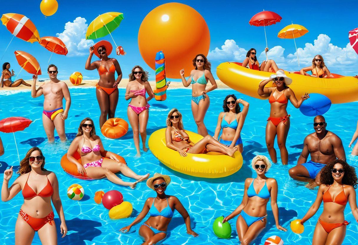 A vibrant beach scene filled with diverse characters wearing exaggerated and humorous swimwear, sunbathing under a bright sun. Include playful elements like oversized sunglasses, silly floaties, and funny beach toys, capturing moments of laughter and joy. The background features a clear blue sky and gentle waves, enhancing the summertime vibe. super-realistic. vibrant colors. cheerful atmosphere.